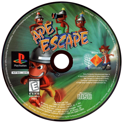 Ape Escape for PlayStation 1 action platformer featuring Spike capturing runaway monkeys using gadgets dual analog controls colorful levels and adventure gameplay disc