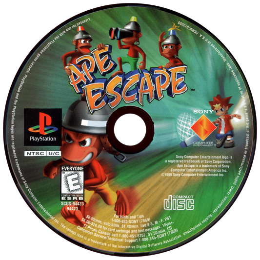 Ape Escape for PlayStation 1 action platformer featuring Spike capturing runaway monkeys using gadgets dual analog controls colorful levels and adventure gameplay disc