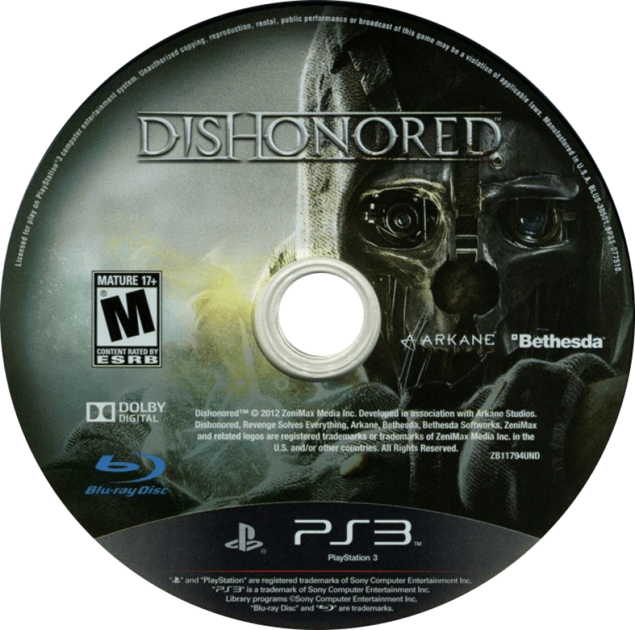 Dishonored disc art for PlayStation 3 (PS3) video game