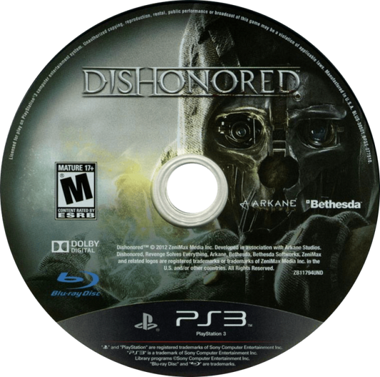 Dishonored disc art for PlayStation 3 (PS3) video game