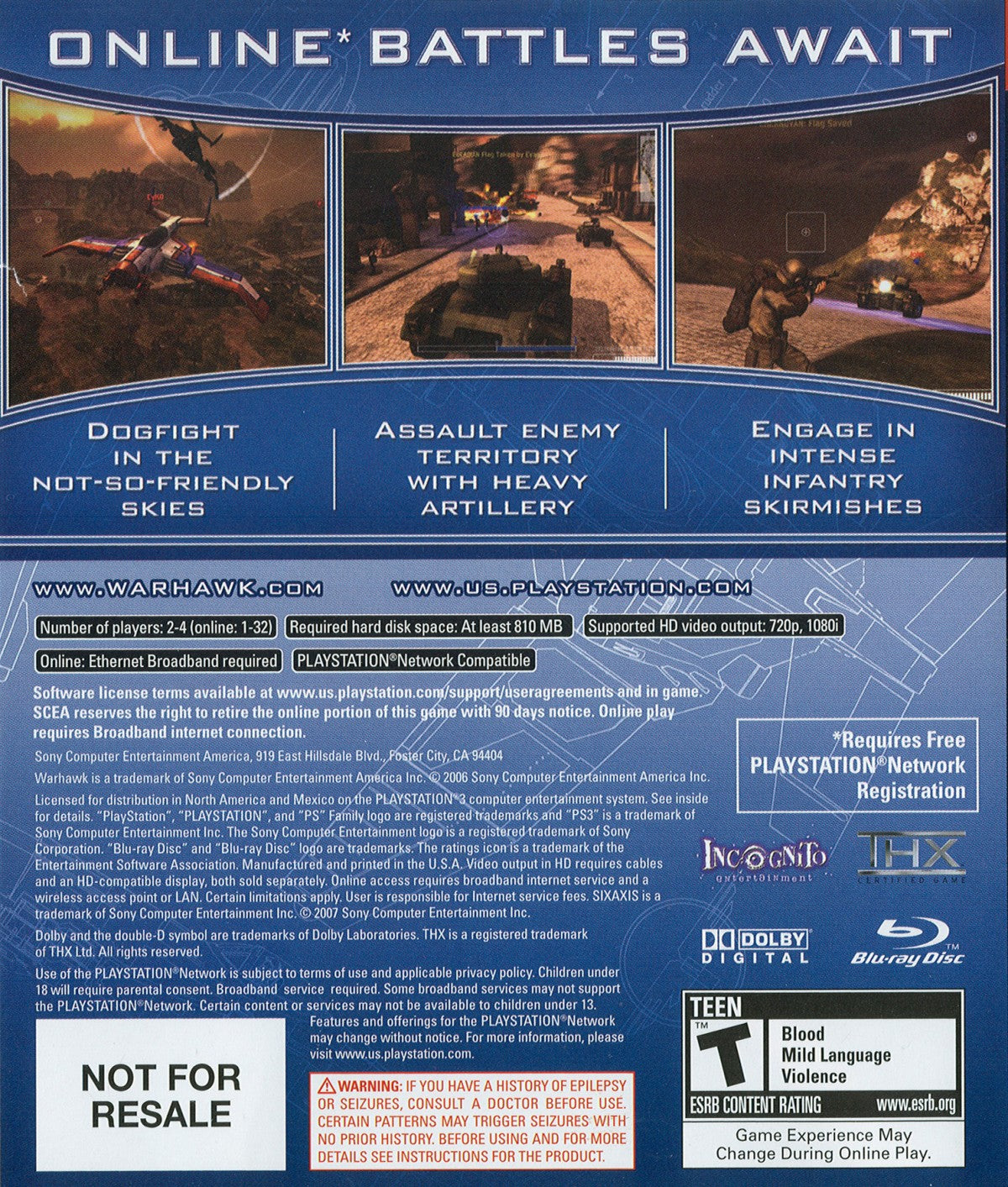 Warhawk PlayStation 3 PS3 video game featuring third person combat gameplay aerial warfare vehicle battles online multiplayer action strategic combat military missions and intense battlefield gameplay Sony PlayStation 3 retro video game collection collectible gaming appeal back cover art