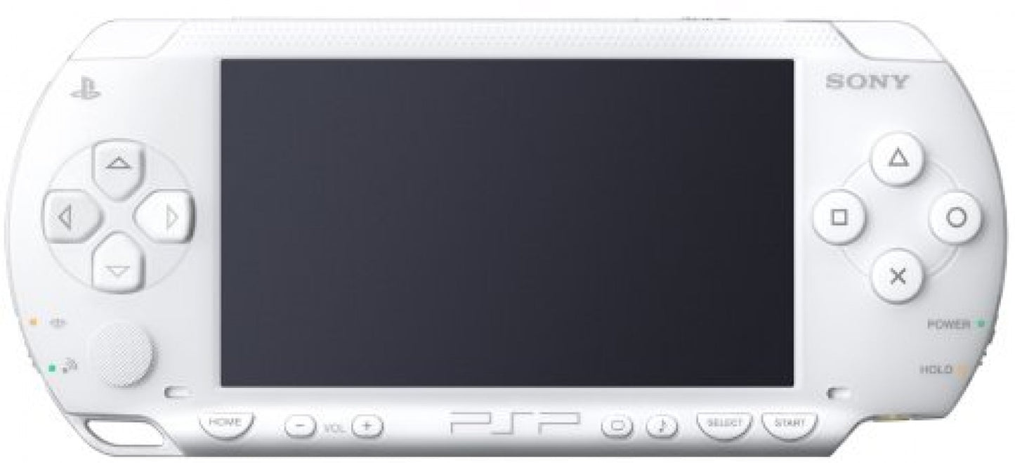 PSP 2000 White Sony PlayStation Portable Slim & Lite handheld gaming console white ceramic finish model PSP-2000 improved screen brightness lighter design UMD disc portable gaming system PSP hardware retro gaming device front 