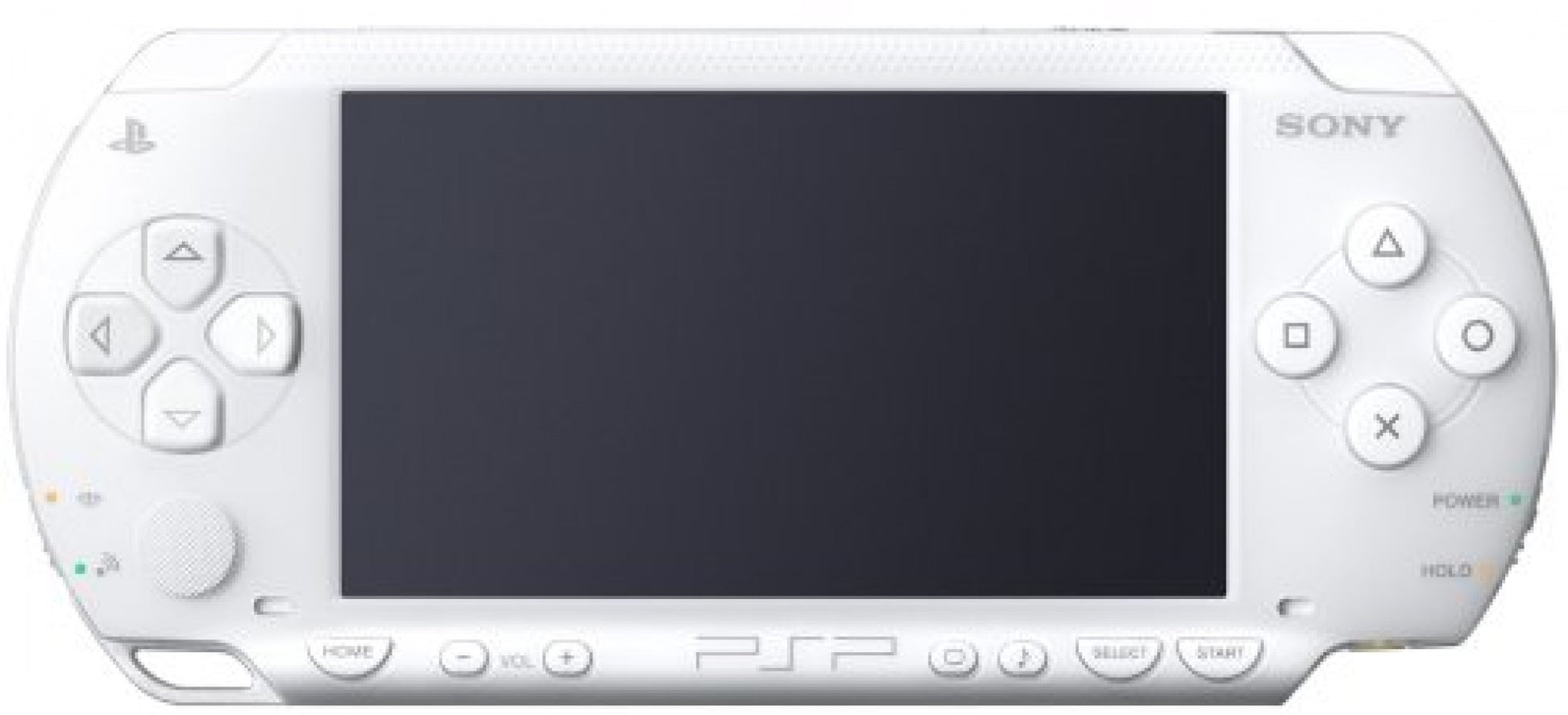PSP 2000 White Sony PlayStation Portable Slim & Lite handheld gaming console white ceramic finish model PSP-2000 improved screen brightness lighter design UMD disc portable gaming system PSP hardware retro gaming device front 