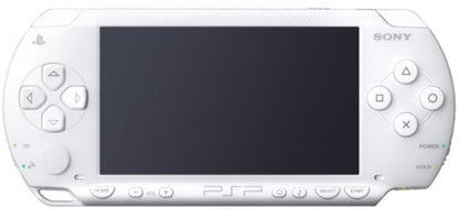 PSP 2000 White Sony PlayStation Portable Slim & Lite handheld gaming console white ceramic finish model PSP-2000 improved screen brightness lighter design UMD disc portable gaming system PSP hardware retro gaming device front 