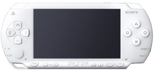 PSP 2000 White Sony PlayStation Portable Slim & Lite handheld gaming console white ceramic finish model PSP-2000 improved screen brightness lighter design UMD disc portable gaming system PSP hardware retro gaming device front 