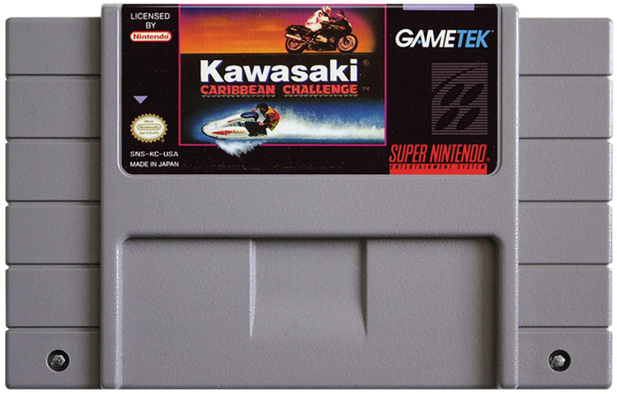 Kawasaki Caribbean Challenge Super Nintendo Entertainment System SNES racing video game featuring off-road motorcycle racing tropical Caribbean environments challenging courses high-speed driving jumps sharp turns and classic Super Nintendo Entertainment System SNES gameplay collectible retro gaming appeal cartridge