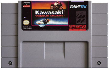 Kawasaki Caribbean Challenge Super Nintendo Entertainment System SNES racing video game featuring off-road motorcycle racing tropical Caribbean environments challenging courses high-speed driving jumps sharp turns and classic Super Nintendo Entertainment System SNES gameplay collectible retro gaming appeal cartridge