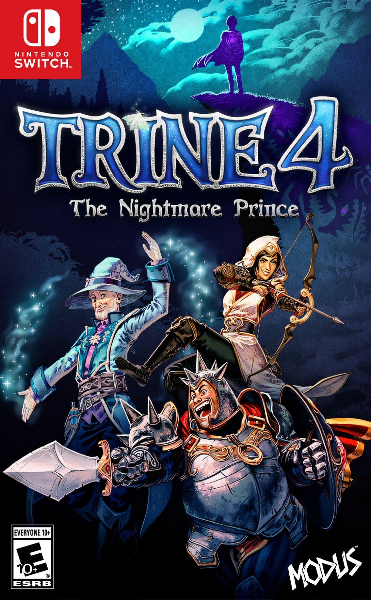 Trine 4 Nintendo Switch inspired design featuring fantasy puzzle platform adventure aesthetic magical heroes cooperative gameplay enchanting worlds physics based challenges vibrant storybook environments whimsical action exploration presentation cover art
