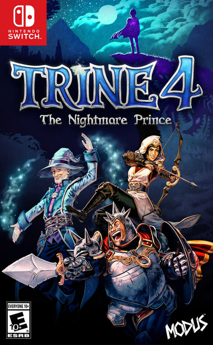 Trine 4 Nintendo Switch inspired design featuring fantasy puzzle platform adventure aesthetic magical heroes cooperative gameplay enchanting worlds physics based challenges vibrant storybook environments whimsical action exploration presentation cover art