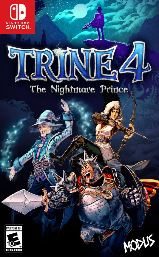 Trine 4 Nintendo Switch inspired design featuring fantasy puzzle platform adventure aesthetic magical heroes cooperative gameplay enchanting worlds physics based challenges vibrant storybook environments whimsical action exploration presentation cover art