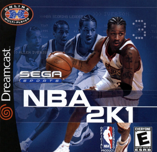 NBA 2K1 game for the Sega Dreamcast featuring realistic basketball simulation gameplay with improved graphics online multiplayer via SegaNet franchise mode and full NBA rosters with detailed player animations front cover 