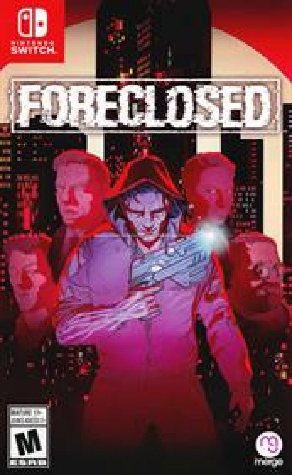 Foreclosed Nintendo Switch NS for action adventure video game fans featuring cyberpunk storytelling comic book inspired visuals twin stick shooting futuristic environments weapon upgrades hacking abilities stealth gameplay and immersive sci fi action collectible gaming appeal front