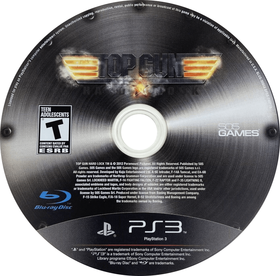 Top Gun Hard Lock disc cover art for PlayStation 3 (PS3) video game.