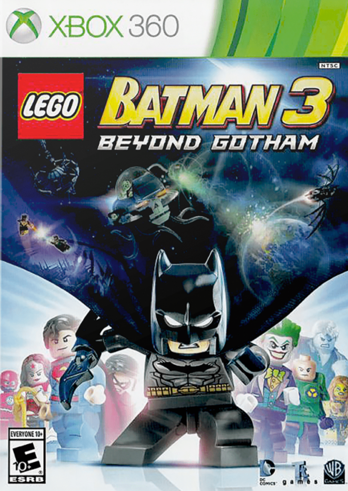 LEGO Batman 3 Beyond Gotham Xbox 360 action-adventure video game Batman Robin Justice League Lantern worlds outer space setting Brainiac villain character swapping puzzle solving brick-building humor DC Comics superhero roster Lantern rings powers co-op gameplay front cover