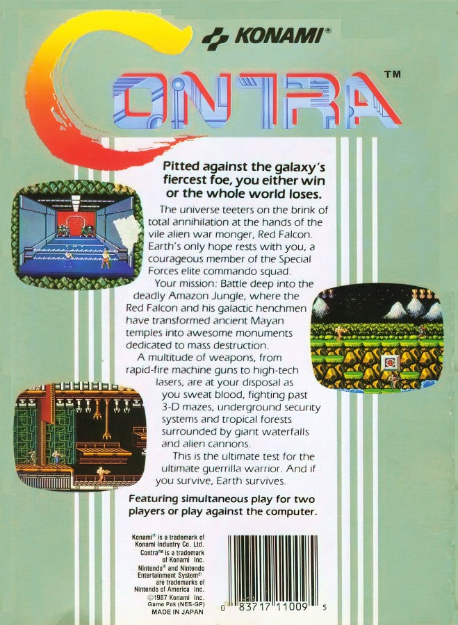 Contra cartridge for the Nintendo Entertainment System featuring fast paced 8 bit run and gun action with co op gameplay as commandos battling alien invaders across intense side scrolling stages back cover art