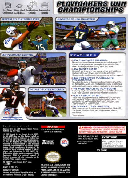 Madden NFL 2004 back of case for GameCube (GC) sports football video game