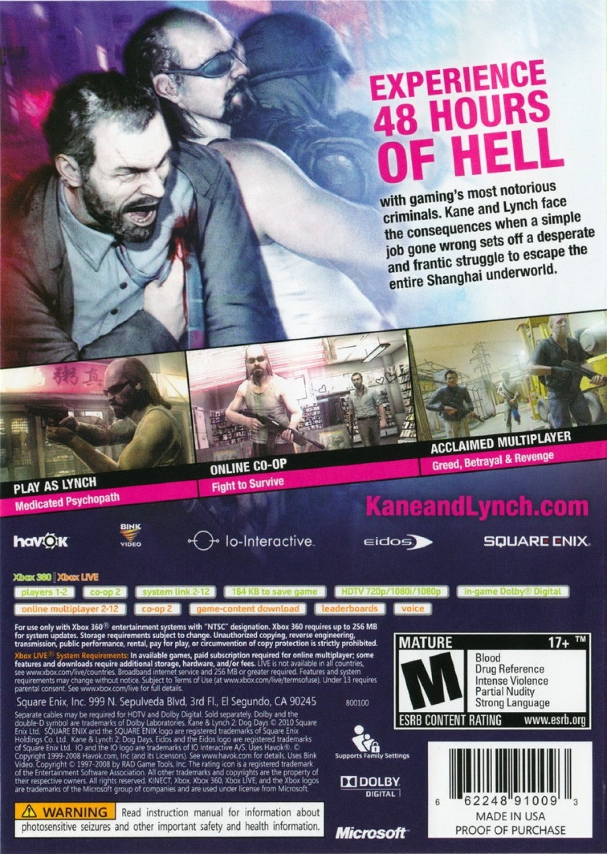 Retro Kane and Lynch 2 Dog Days Xbox 360 inspired design featuring gritty crime thriller shooter aesthetic vintage HD era handheld camcorder visual style urban Shanghai chaos intense co op action brutal criminal underworld cinematic realism nostalgic third person shooter presentation back cover art