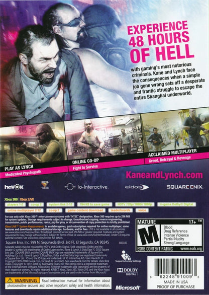 Retro Kane and Lynch 2 Dog Days Xbox 360 inspired design featuring gritty crime thriller shooter aesthetic vintage HD era handheld camcorder visual style urban Shanghai chaos intense co op action brutal criminal underworld cinematic realism nostalgic third person shooter presentation back cover art