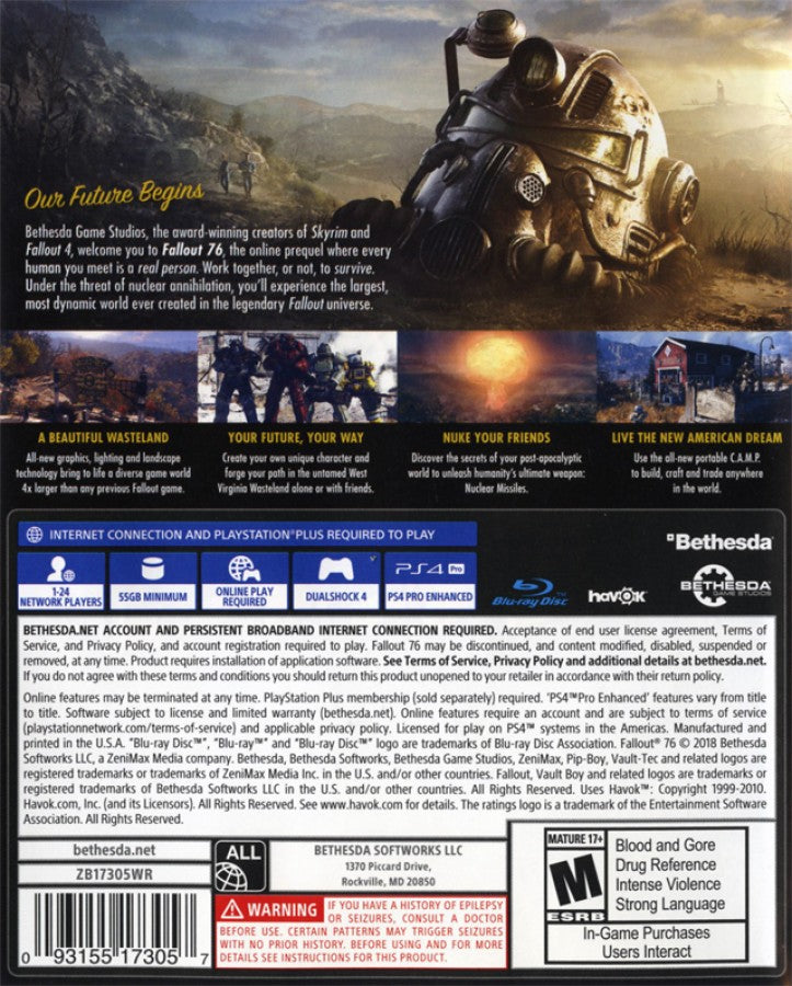 Fallout 76 back cover art for PlayStation 4 video game.