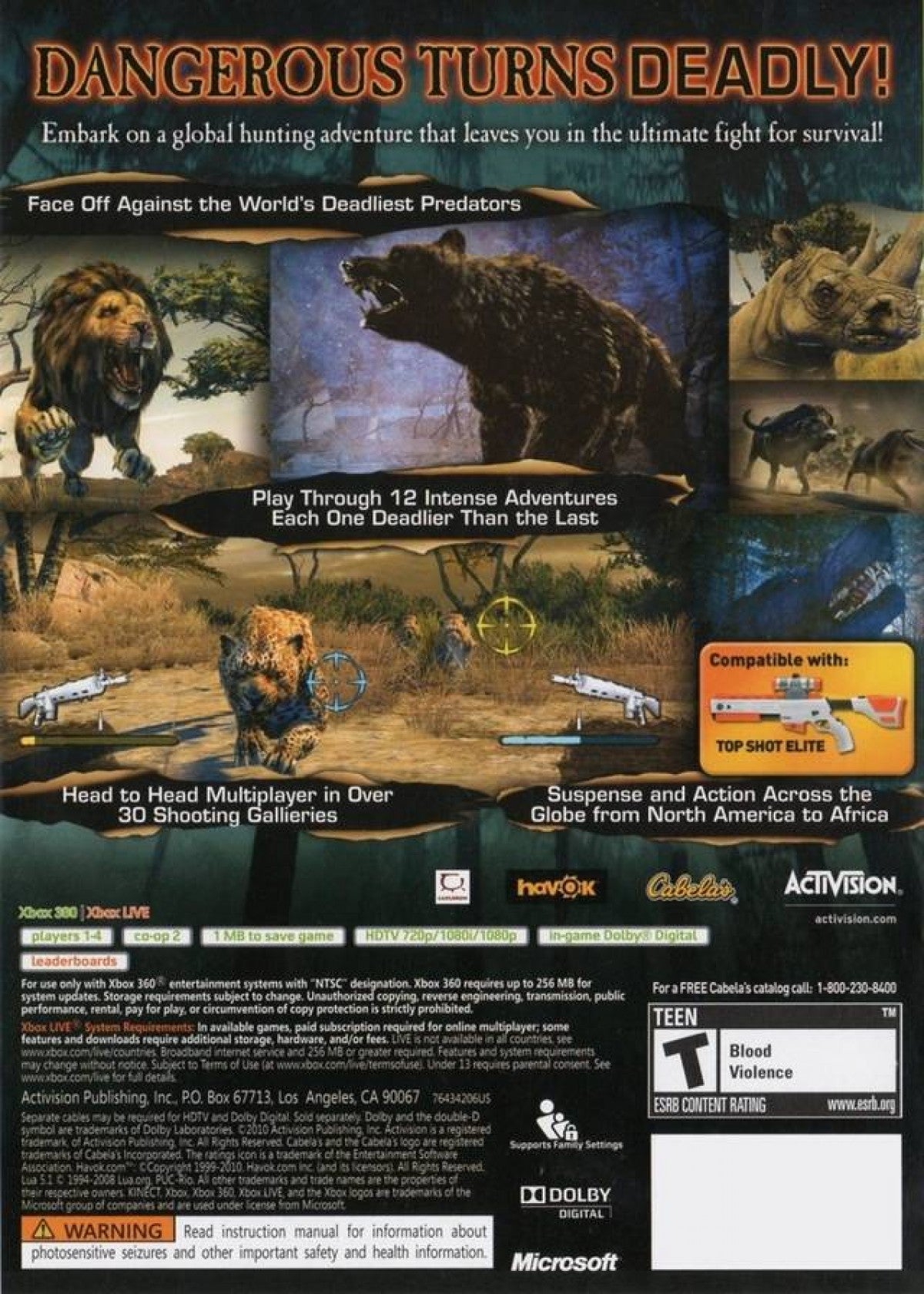 Cabela's Dangerous Hunts 2011 Xbox 360 X360 for hunting action video game fans featuring dangerous wildlife encounters realistic hunting environments intense predator attacks challenging hunting missions weapon selection tracking mechanics survival gameplay and immersive outdoor adventure collectible gaming appeal back cover art