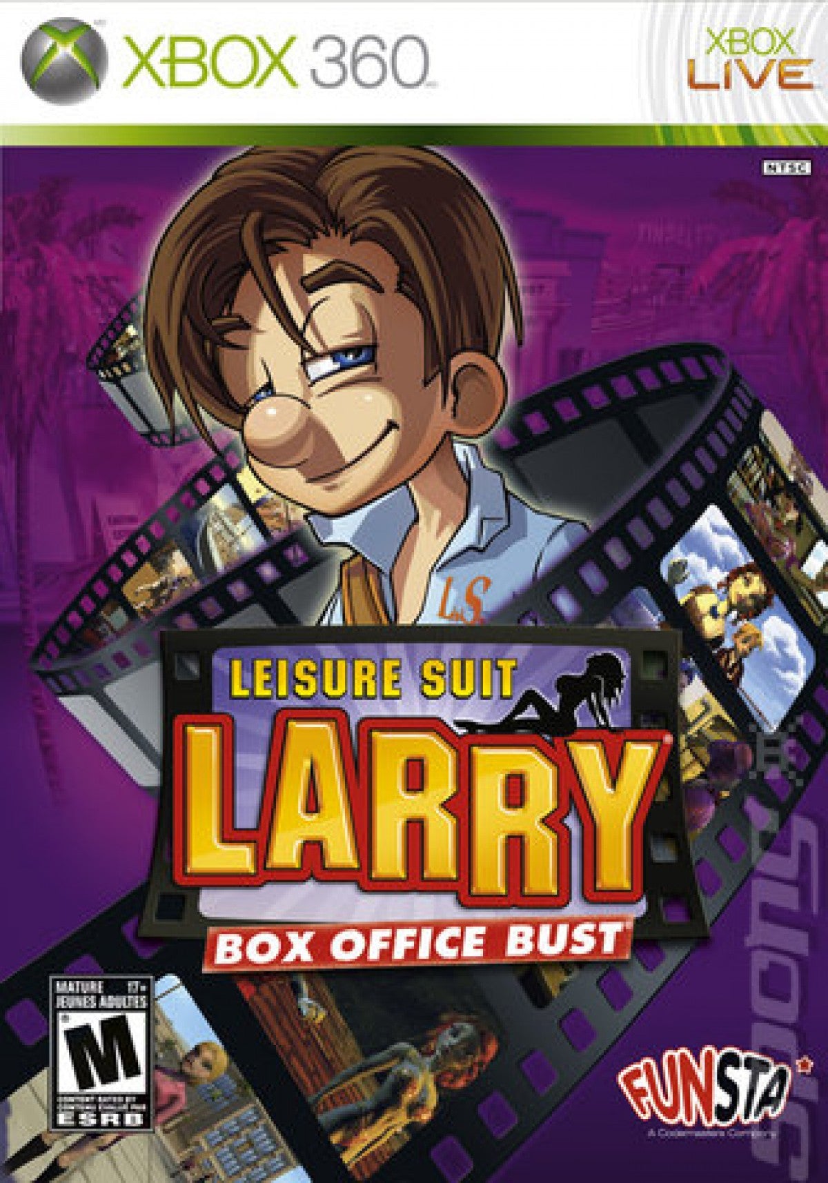 Leisure Suit Larry Box Office Bust game for the Xbox 360 featuring comedic action adventure gameplay with open environments mini games character interactions and humor driven missions following Larry Lovage in a modern parody setting front cover