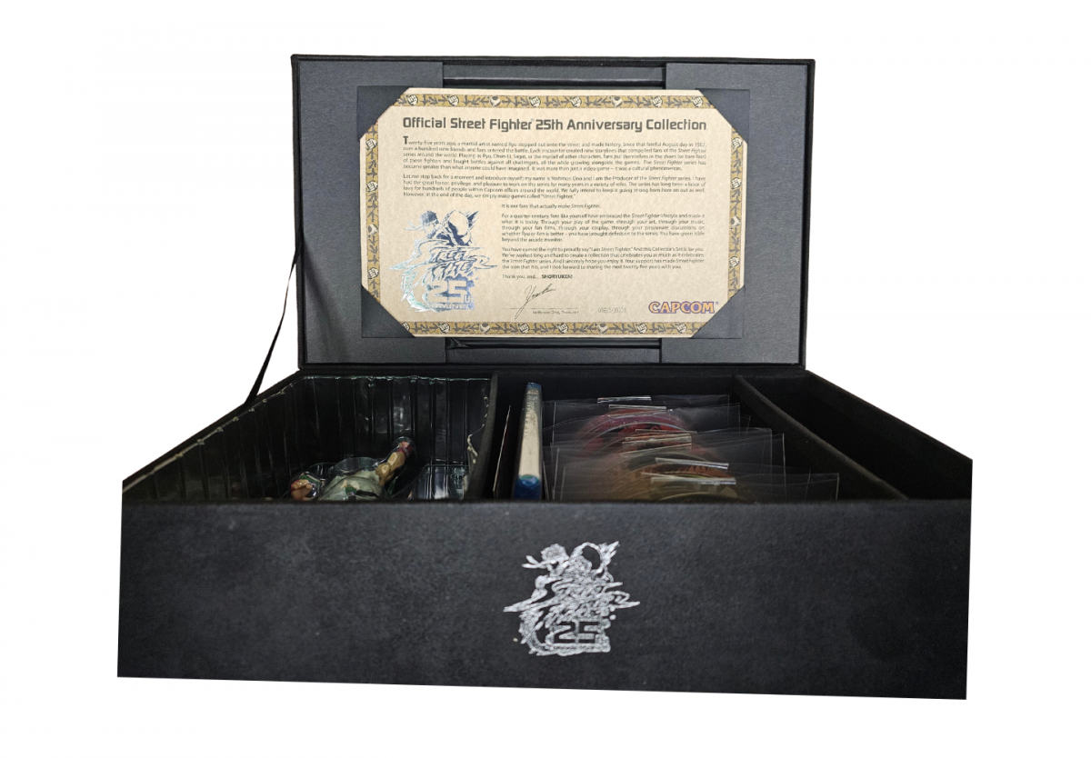 Street Fighter 25th Anniversary Collector's Set Xbox 360 X360 fighting game collection featuring classic Street Fighter games iconic fighters Ryu Ken Chun Li Guile intense arcade battles special moves multiplayer competition multiple Street Fighter titles and collectible anniversary edition gaming appeal trunk certificate