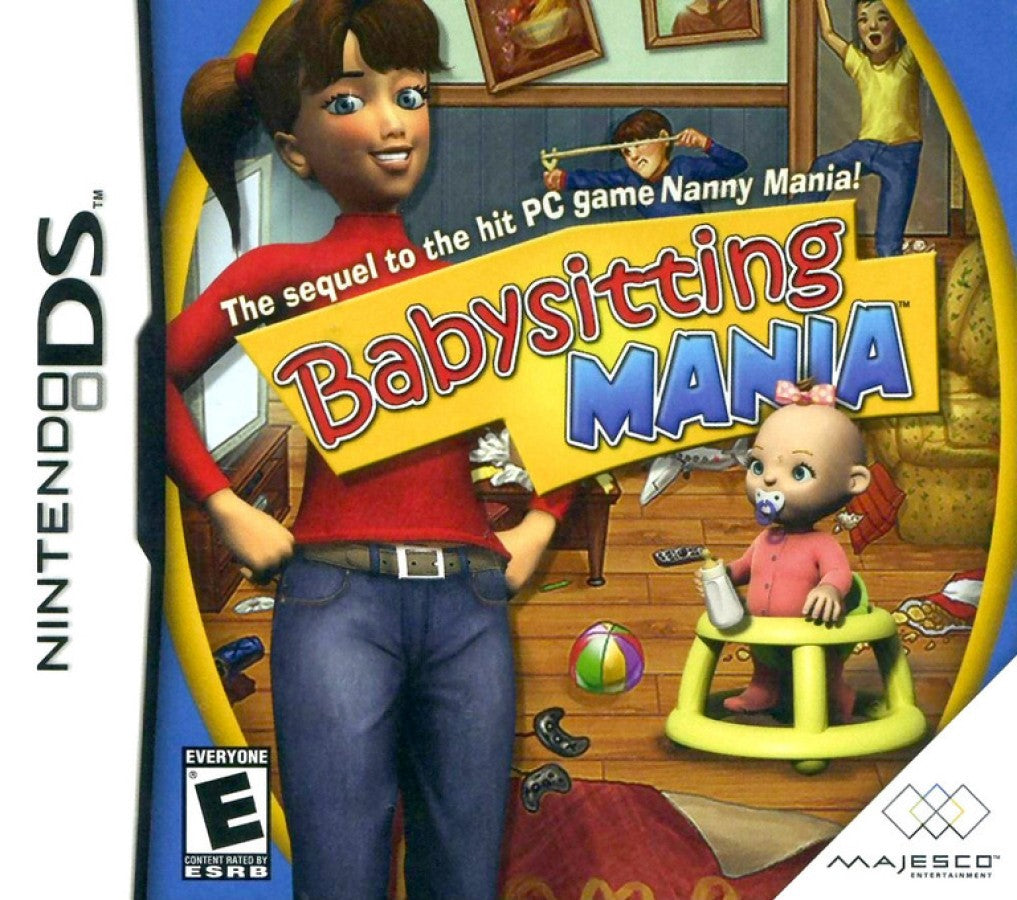 Babysitting Mania Nintendo DS DS video game featuring family simulation gameplay babysitting challenges childcare responsibilities multiple children character interactions feeding babies changing diapers preparing meals playtime activities cleaning tasks household management time management mini games and colorful family friendly environments classic Nintendo DS handheld simulation gaming retro video game collection collectible gaming appeal front cover art