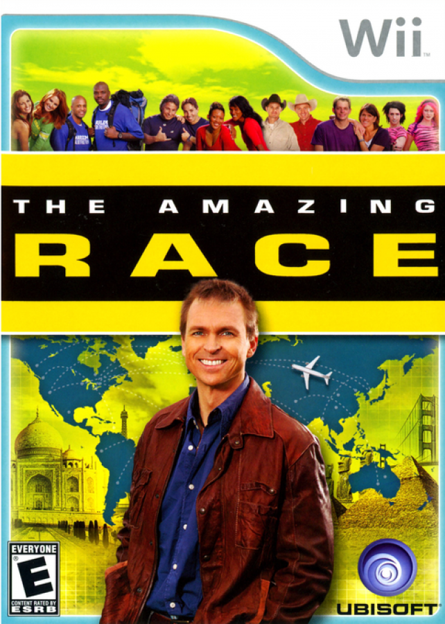 The Amazing Race Nintendo Wii video game, adventure party gameplay, TV show adaptation, multiplayer challenges, Wii console title front cover