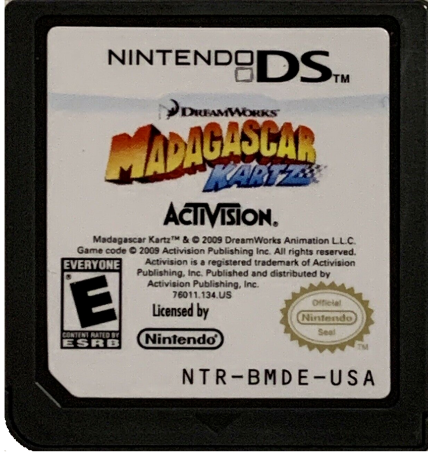 Madagascar Kartz Nintendo DS DS video game featuring kart racing gameplay Madagascar animated movie characters Alex Marty Gloria Melman and penguin racers colorful race tracks wild obstacle courses power ups speed boosts drifting stunts competitive racing cups multiplayer challenges and family friendly arcade driving action classic Nintendo DS handheld gaming retro video game collection collectible gaming appeal game cartridge
