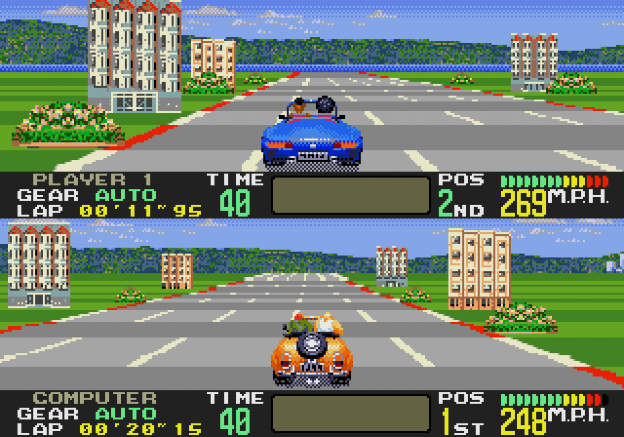 OutRunners Sega Genesis GEN for retro video game enthusiasts featuring arcade racing gameplay high speed driving colorful international tracks branching routes competitive multiplayer action stylish sports cars and collectible gaming appeal gameplay 