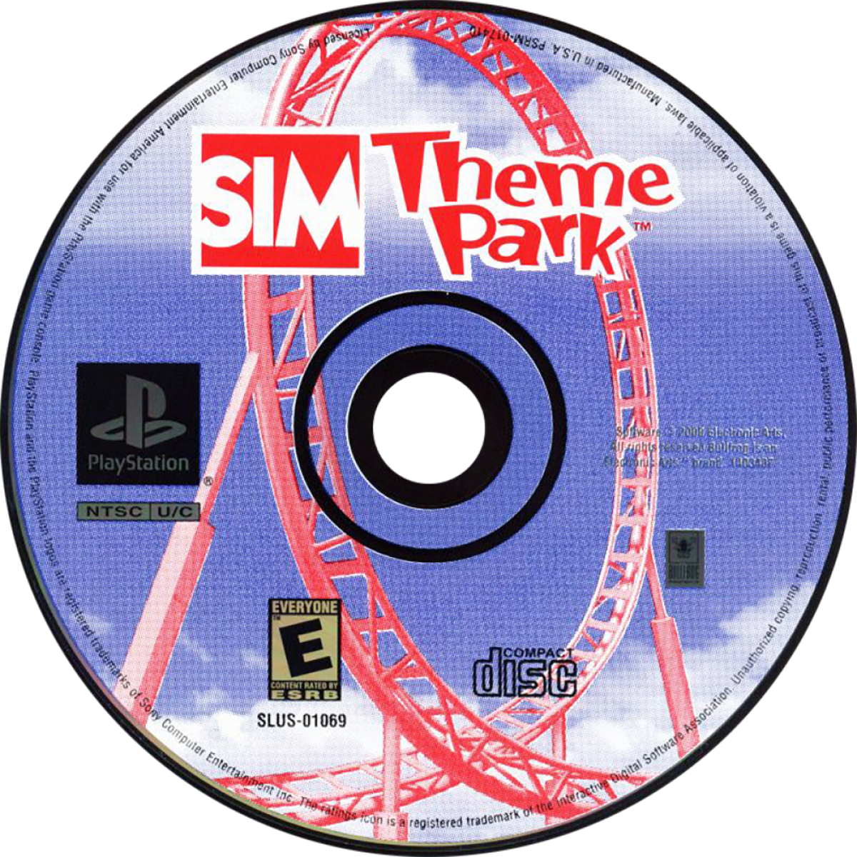 Sim Theme Park PlayStation 1 simulation video game designing and building amusement park roller coasters attractions staff management finances scenarios disc art