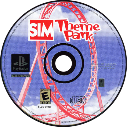 Sim Theme Park PlayStation 1 simulation video game designing and building amusement park roller coasters attractions staff management finances scenarios disc art