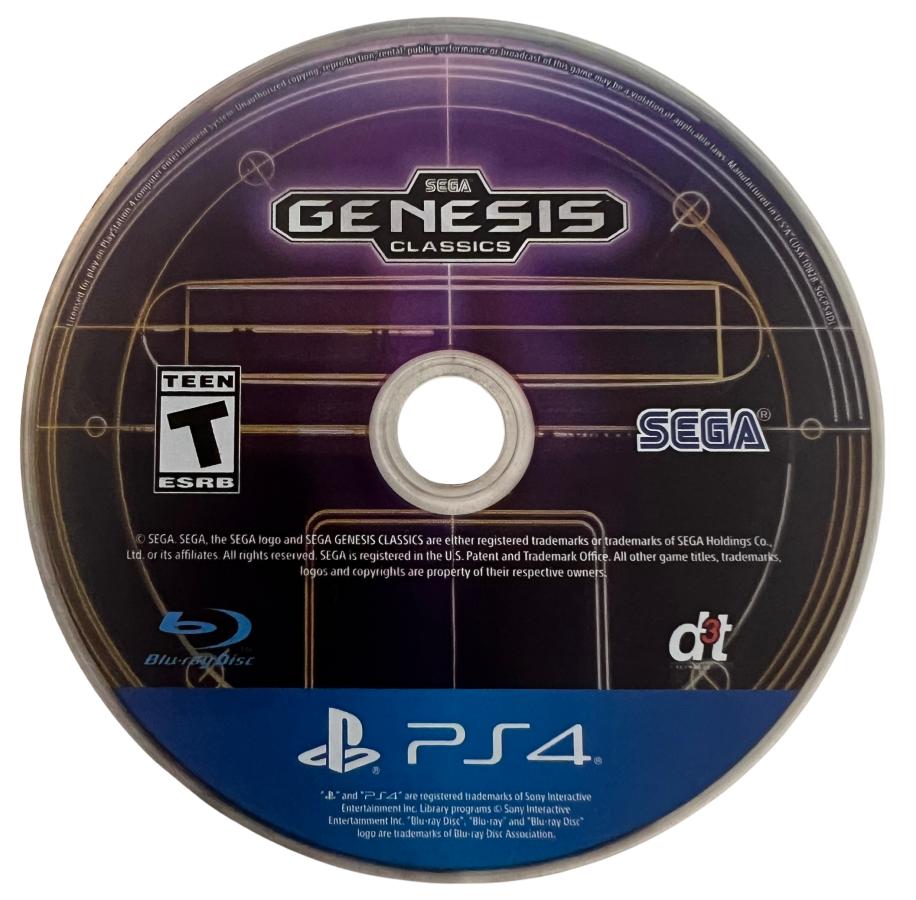 Sega Genesis Classics for PlayStation 4, disc for a retro game collection video game with classic Sega titles, arcade action, platforming, multiplayer favorites, and nostalgic gameplay