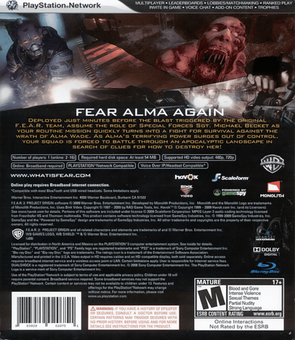 F.E.A.R. 2: Project Origin back cover art for PlayStation 3 (PS3) video game