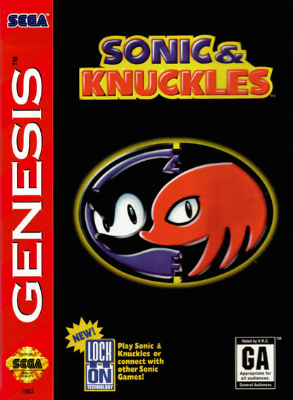 Sonic and Knuckles Sega Genesis GEN video game featuring fast paced platforming gameplay Sonic and Knuckles characters high speed levels ring collecting enemy battles special abilities power ups loop filled stages and classic 16 bit Sega gameplay retro video game collection collectible gaming appeal front cover art