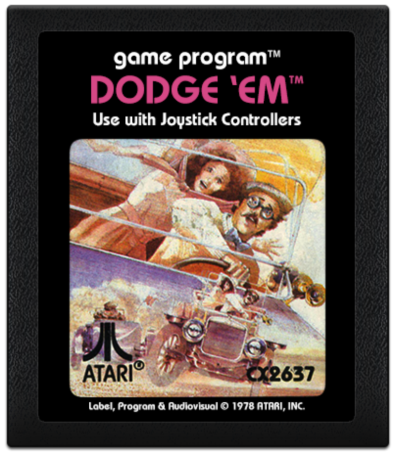 Dodge Em text label cartridge art for Atari 2600 video game