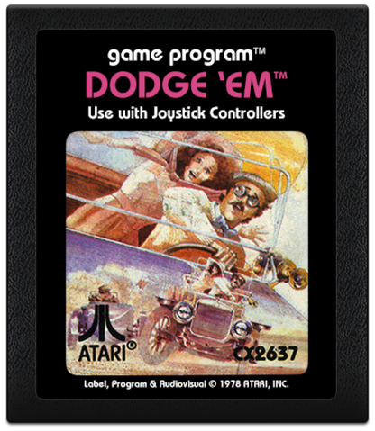 Dodge Em text label cartridge art for Atari 2600 video game