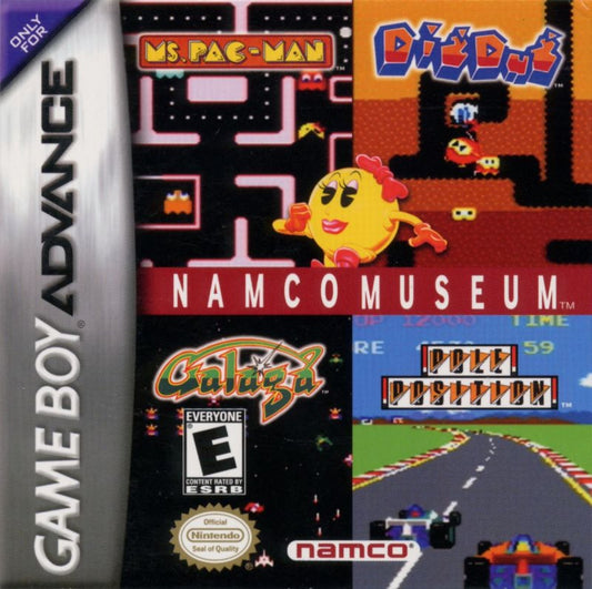 Namco Museum Game Boy Advance GBA compilation arcade classic video games collection including Pac-Man Ms Pac-Man Galaga Galaxian Dig Dug Pole Position and Rolling Thunder Namco Bandai anthology portable retro gaming front cover