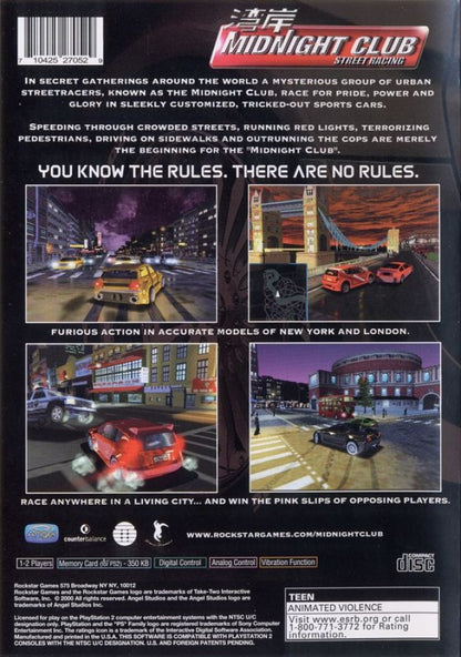 Midnight Club Street Racing back cover art for PlayStation 2 (PS2) featuring underground street racing through New York and London with customizable cars and fast arcade action.