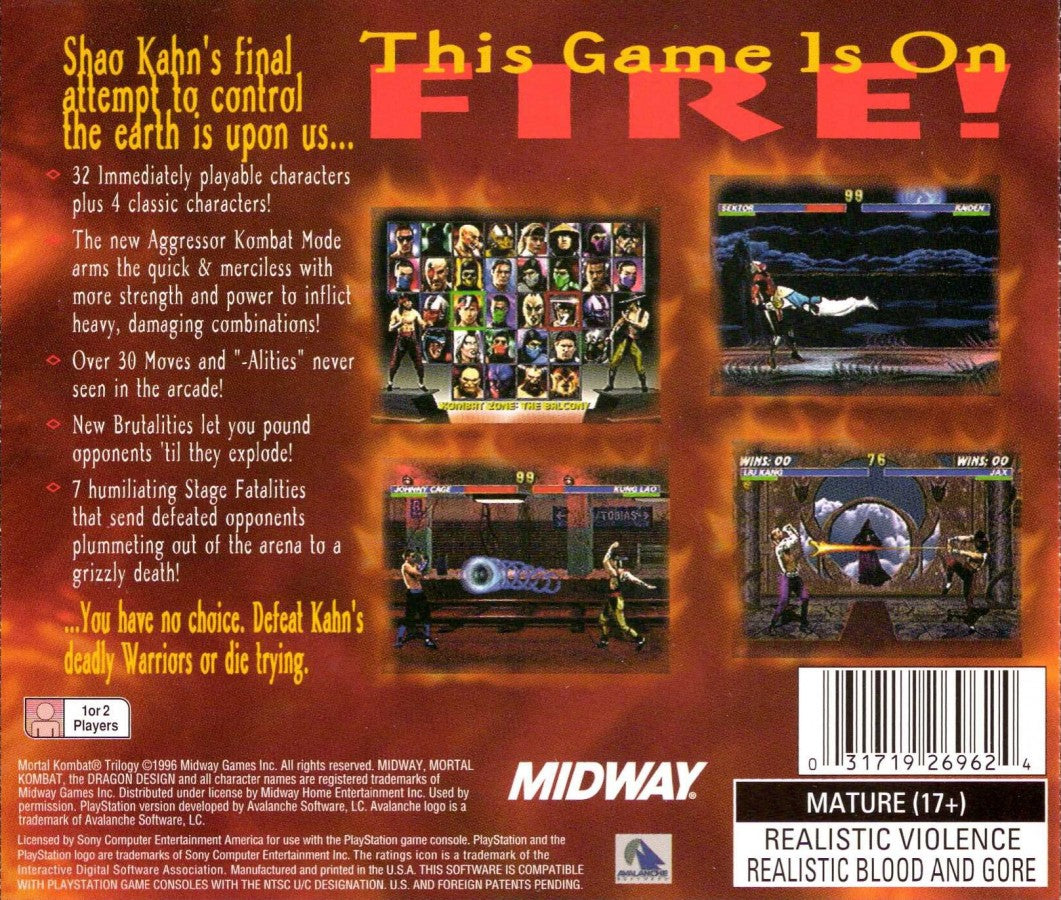 Mortal Kombat Trilogy PlayStation PS1 for fighting video game fans featuring classic Mortal Kombat characters brutal martial arts combat iconic fatalities special moves tournament battles multiple game modes intense one on one fights arcade action and classic Midway fighting gameplay collectible gaming appeal back cover art