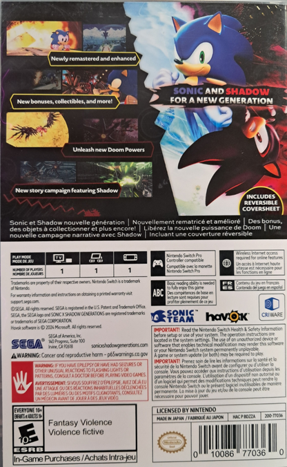 Sonic X Shadow Generations Nintendo Switch inspired design featuring high speed platform adventure aesthetic iconic Sonic and Shadow gameplay thrilling time spanning stages fast paced action vibrant worlds enhanced visuals and legendary Sega character excitement presentation back cover