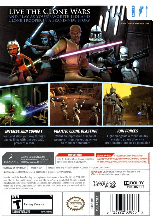Retro Star Wars The Clone Wars Republic Heroes Wii inspired design featuring animated sci fi action adventure aesthetic Jedi and clone trooper combat galactic battles lightsaber gameplay cartoon style visuals nostalgic Nintendo Wii Star Wars presentation back cover art 
