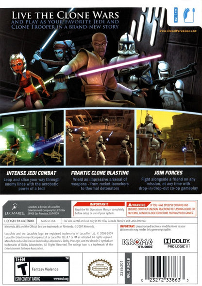 Retro Star Wars The Clone Wars Republic Heroes Wii inspired design featuring animated sci fi action adventure aesthetic Jedi and clone trooper combat galactic battles lightsaber gameplay cartoon style visuals nostalgic Nintendo Wii Star Wars presentation back cover art 