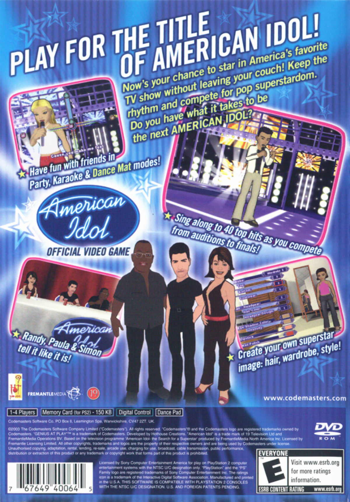 American Idol PS2 music rhythm video game back cover art