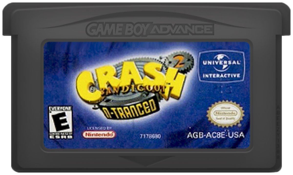 Crash Bandicoot N-Tranced game for the Game Boy Advance featuring side scrolling platformer gameplay with classic Crash mechanics including jumping spinning and crate breaking along with boss battles and levels involving mind control themed challenges cartridge