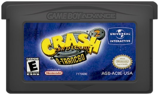 Crash Bandicoot N-Tranced game for the Game Boy Advance featuring side scrolling platformer gameplay with classic Crash mechanics including jumping spinning and crate breaking along with boss battles and levels involving mind control themed challenges cartridge