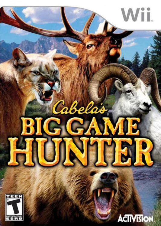 Cabela's Big Game Hunter Nintendo Wii Wii video game featuring hunting simulation gameplay big game hunting wildlife tracking outdoor environments hunting challenges realistic animal encounters aiming and shooting mechanics Nintendo Wii motion control gaming retro video game collection collectible gaming appeal cover art