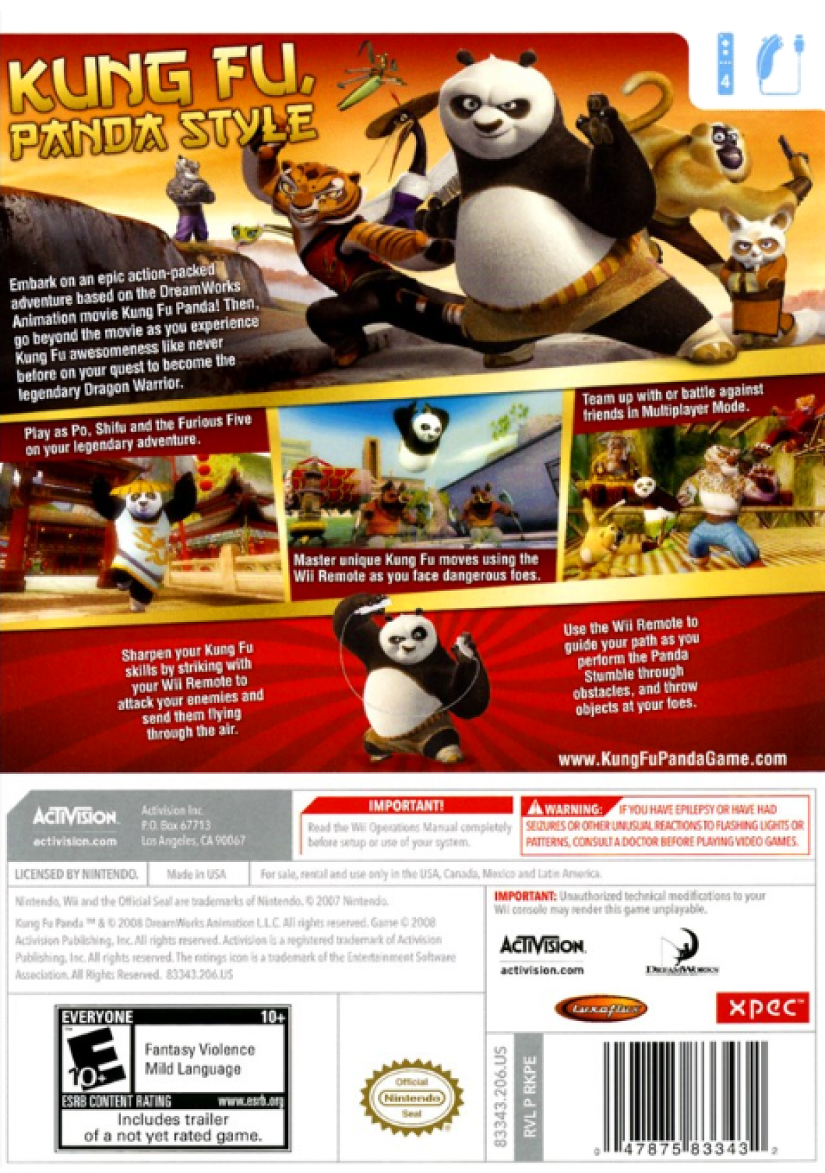 Kung Fu Panda: Legendary Warriors – Nintendo Wii (Wii) martial arts action fighting video game back of case