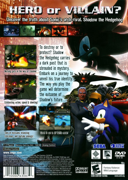 Shadow the Hedgehog [Greatest Hits] – PlayStation 2 (PS2) video game back of case, action-platformer / shooter.