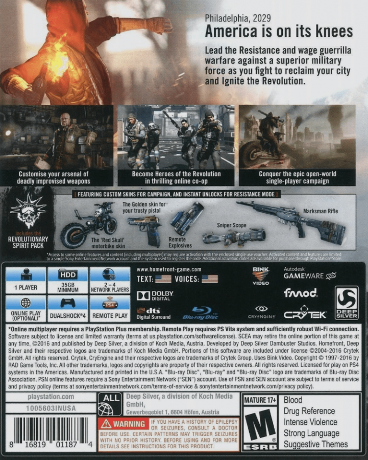 Homefront: The Revolution – PlayStation 4 (PS4) video game back of case, open-world first-person shooter published by Deep Silver